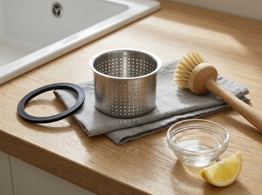 Panier inox, brosse, joint et bol de vinaigre posés pour l'entretien