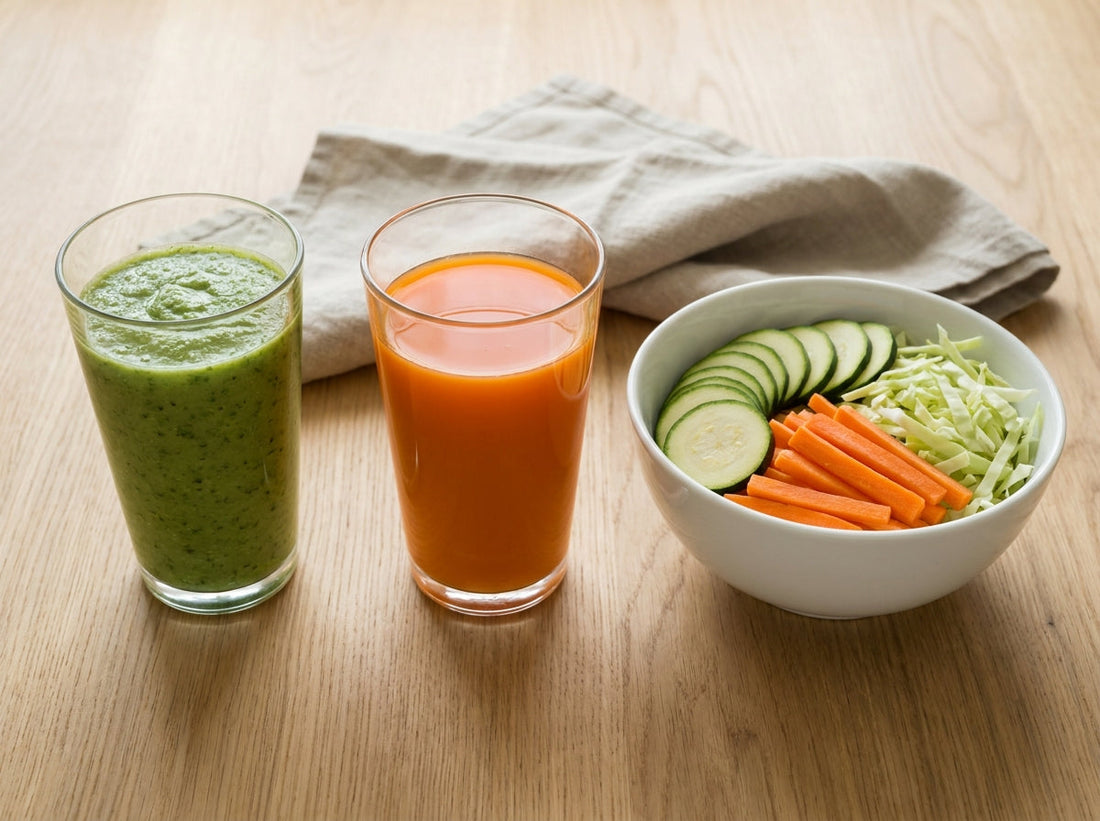 Trois résultats côte à côte : smoothie mixé, jus pressé et légumes émincés