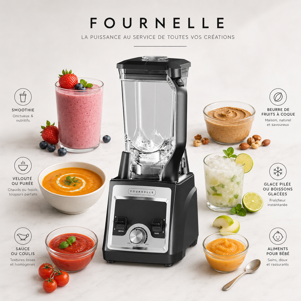 Quatre préparations réalisées au FOURNELLE PowerBlend Pro