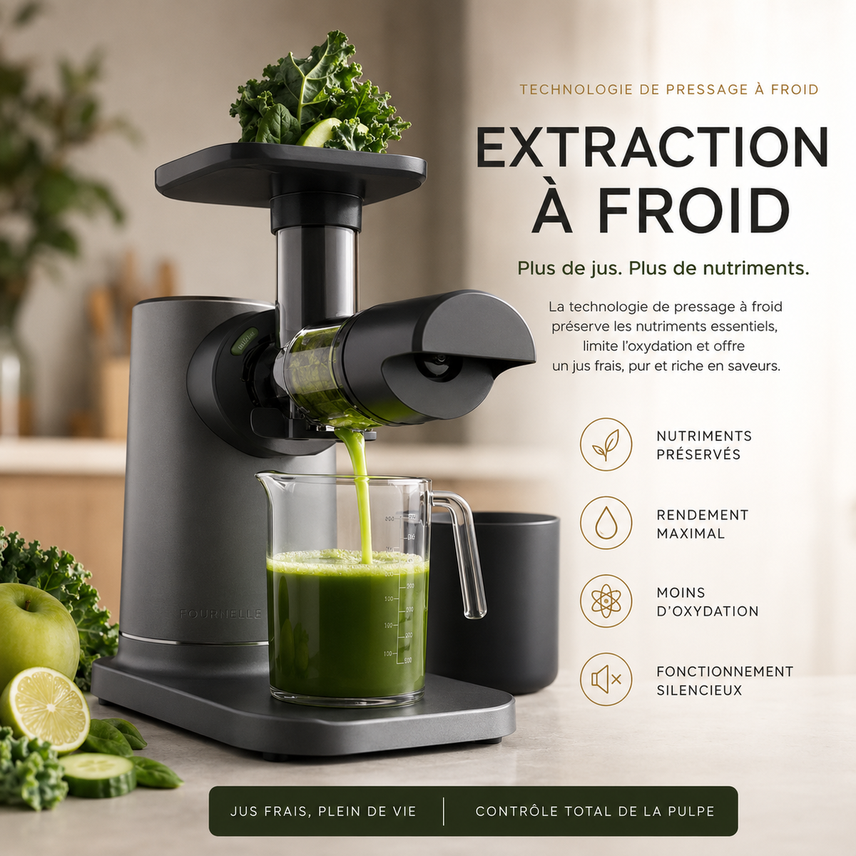 Jus dense obtenu par pressage lent avec le FOURNELLE PurePress