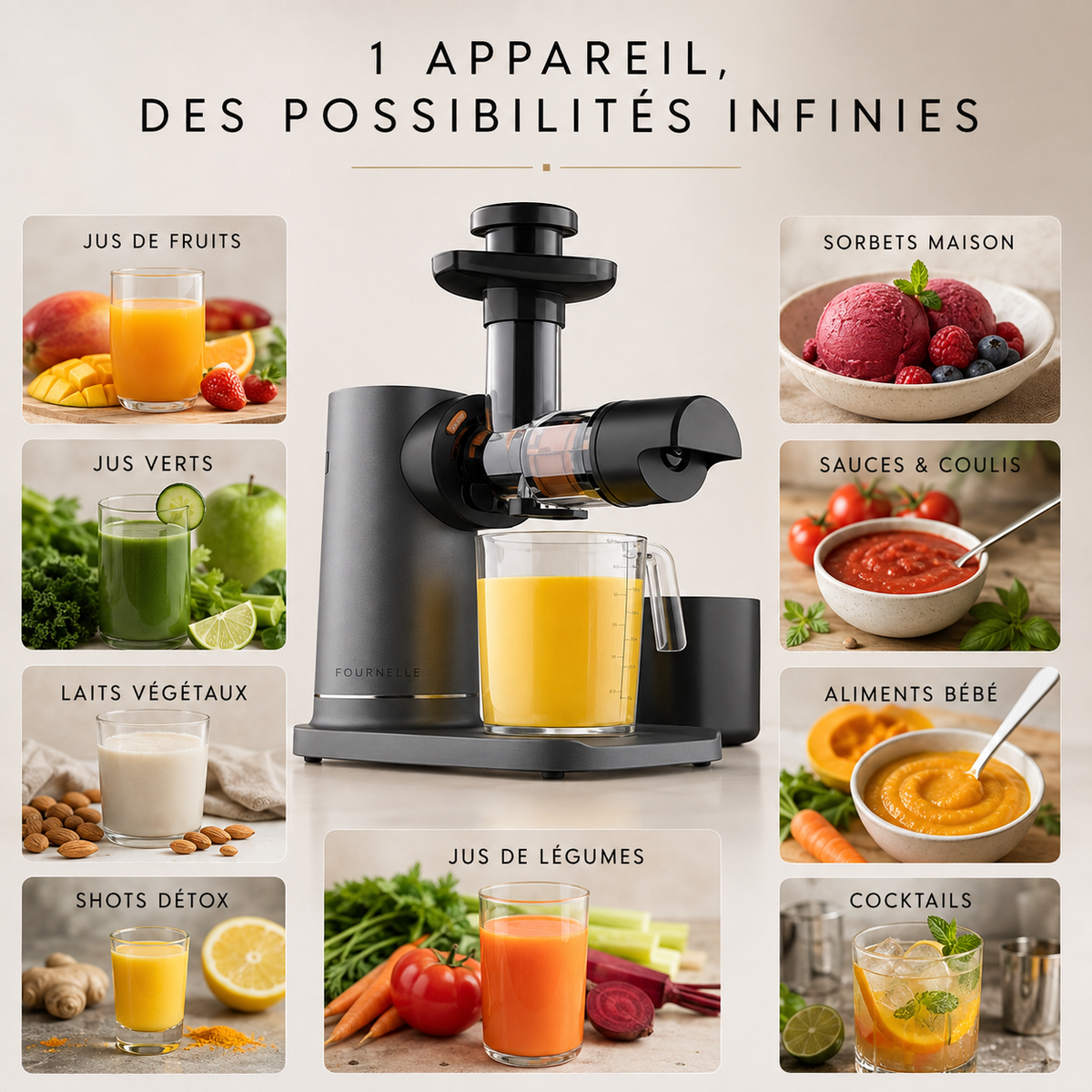 Quatre jus préparés au FOURNELLE PurePress
