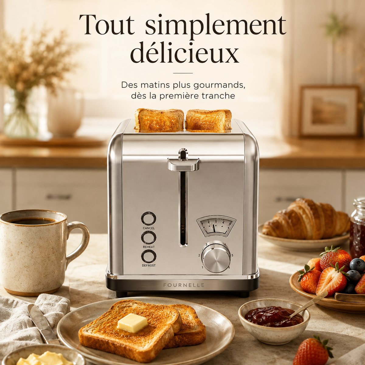 Petit-déjeuner servi avec des tartines du FOURNELLE Doré