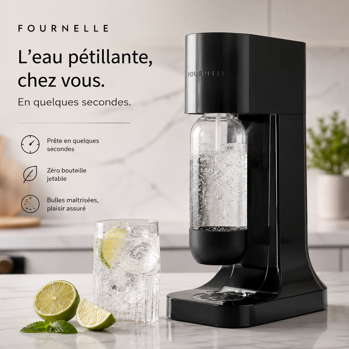 Quatre boissons pétillantes préparées avec la FOURNELLE Étincelle