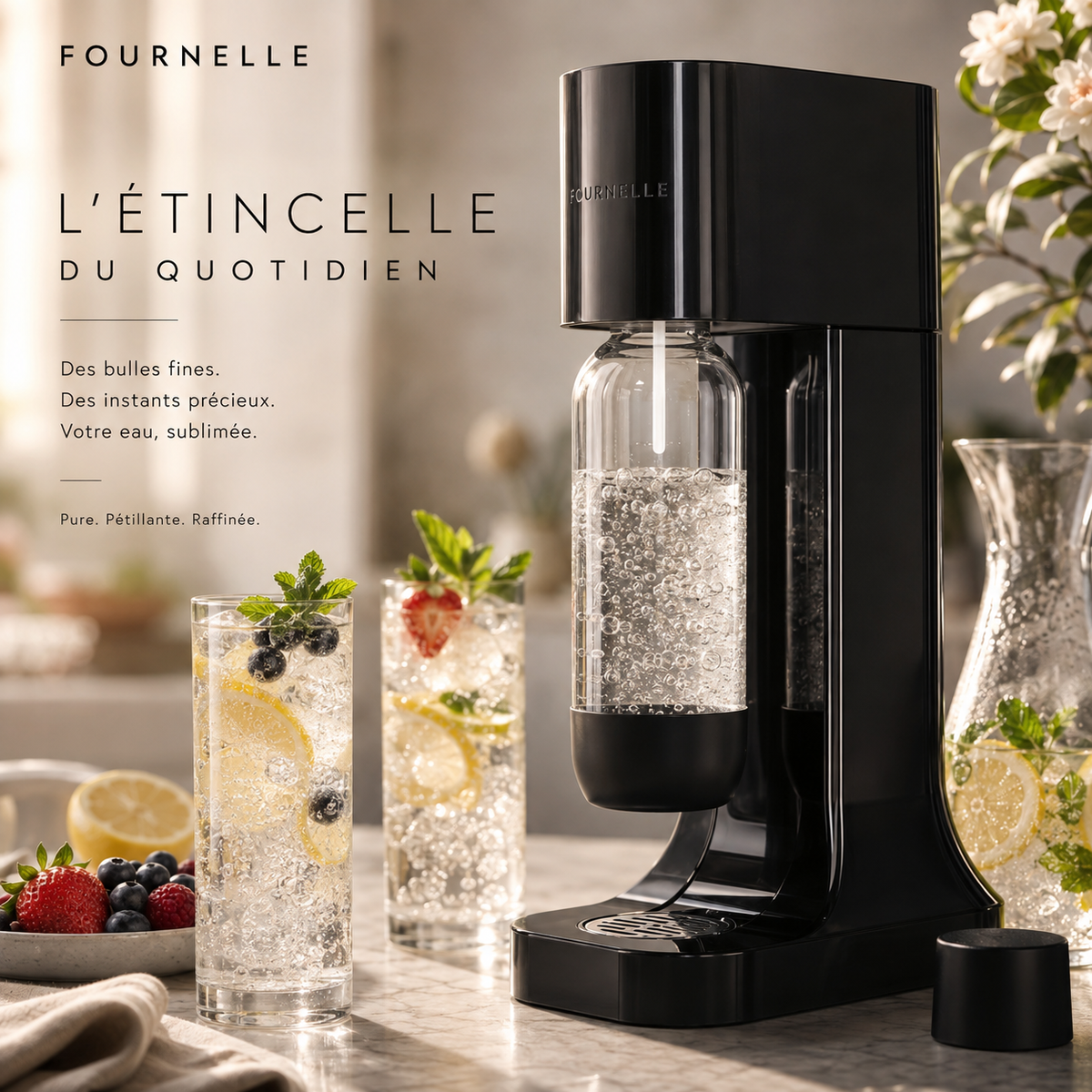 Verre d eau pétillante servi avec la FOURNELLE Étincelle