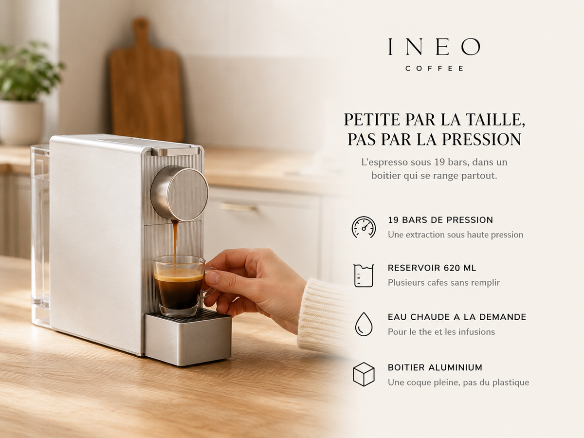 INEO Instant en cuisine : 19 bars de pression, réservoir 620 ml, eau chaude à la demande, boîtier aluminium
