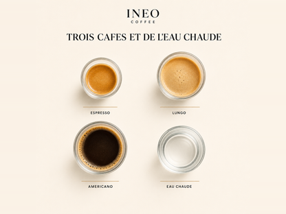 Espresso, lungo, americano et eau chaude servis avec l'INEO Instant, vus de dessus