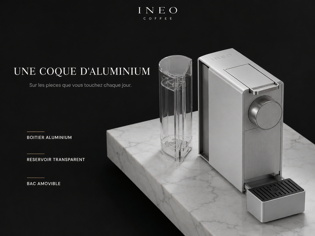 Détail des matières de l'INEO Instant : boîtier aluminium, réservoir transparent, bac amovible