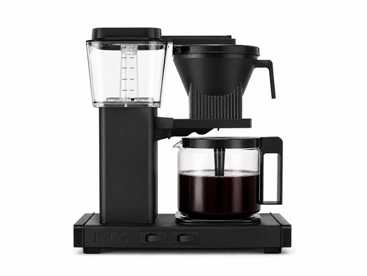 INEO Verseuse, cafetière filtre noir mat avec colonne d'eau graduée et verseuse en verre, vue de face sur fond blanc