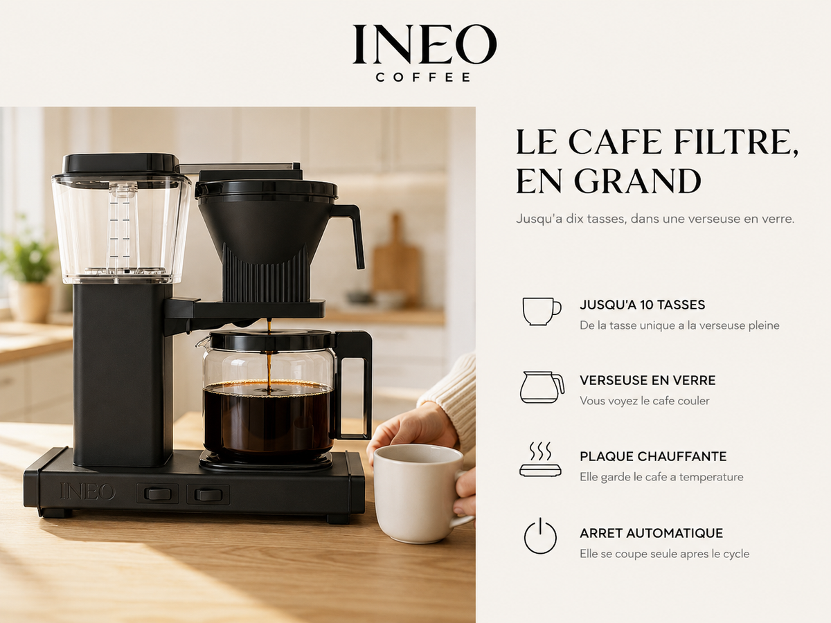 INEO Verseuse en cuisine : jusqu'à 10 tasses, verseuse en verre, plaque chauffante, arrêt automatique