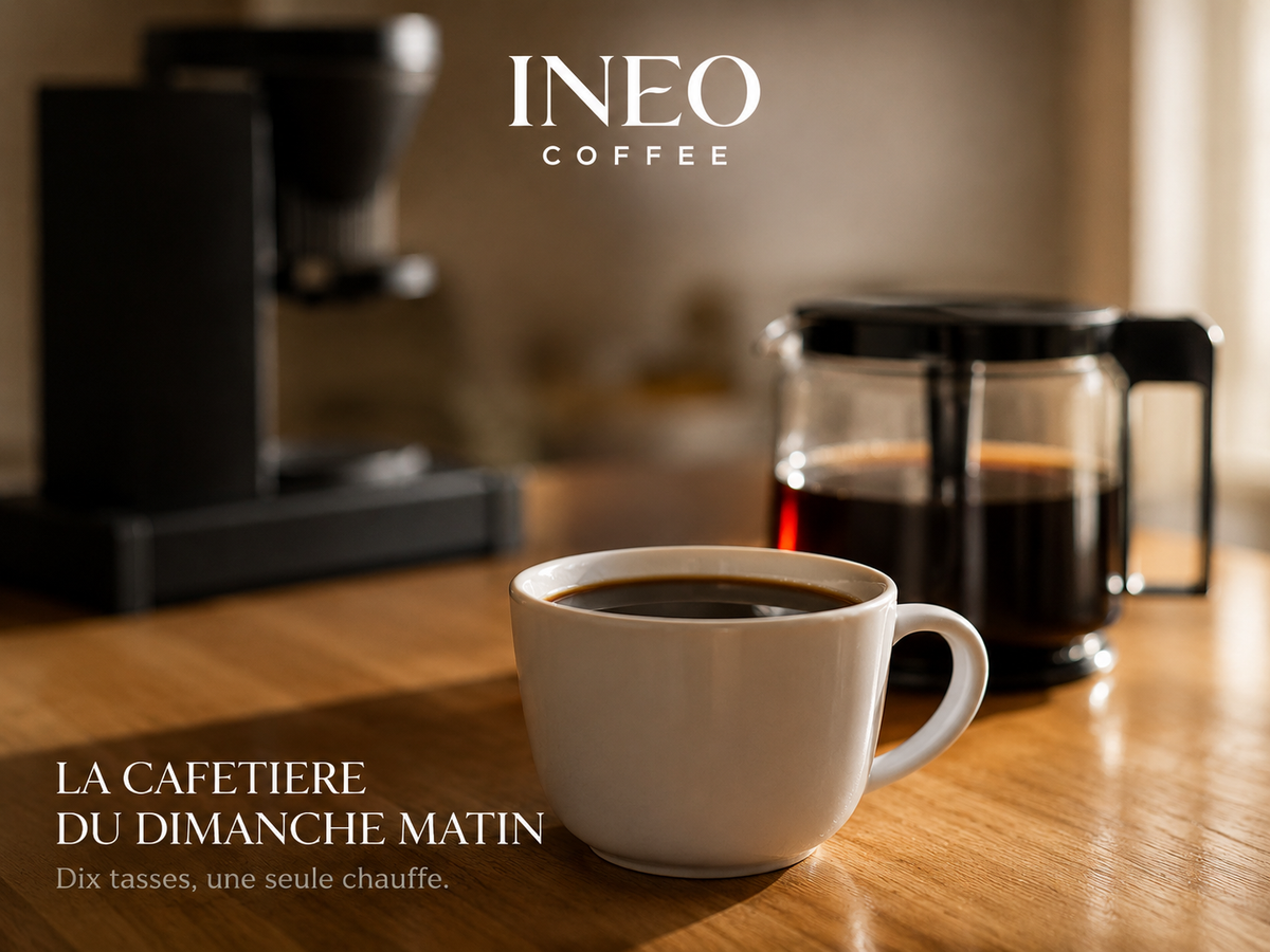 Tasse de café filtre préparée avec l'INEO Verseuse, sur une table en chêne