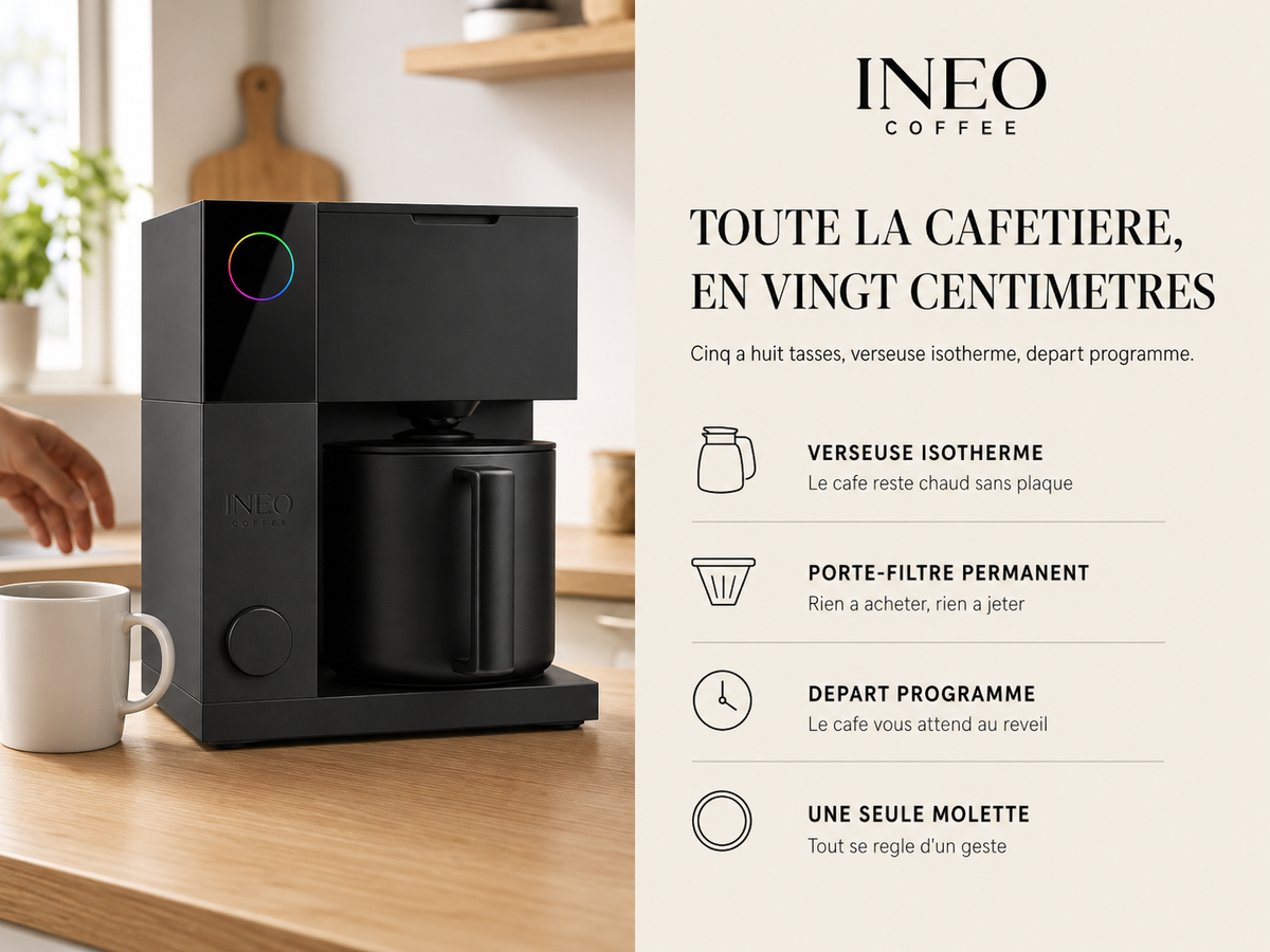 INEO Aurore en cuisine : verseuse isotherme, porte-filtre permanent, départ programmé et une seule molette