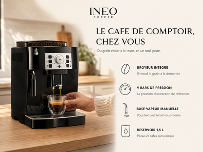 INEO Comptoir en cuisine, broyeur intégré, 9 bars de pression, buse vapeur manuelle, réservoir 1,5 L