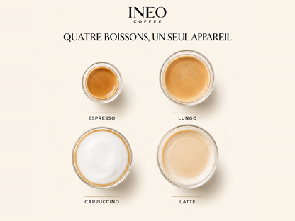 Espresso, lungo, cappuccino et latte préparés avec l'INEO Comptoir, vus de dessus