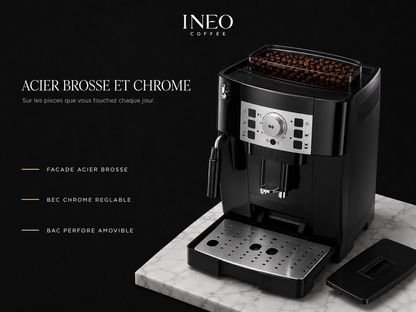 Détail des matières de l'INEO Comptoir : façade acier brossé, bec chromé réglable, bac perforé amovible