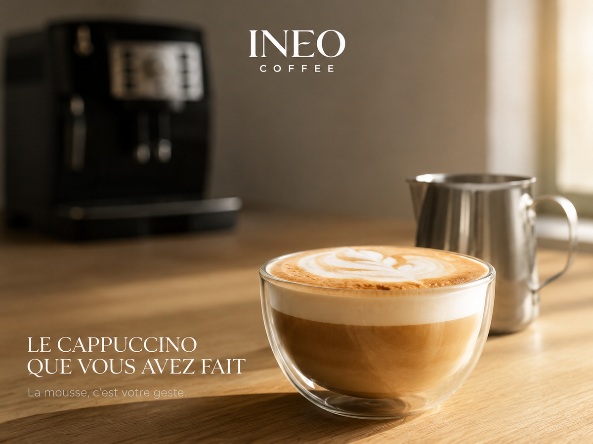Cappuccino préparé à la buse vapeur de l'INEO Comptoir, sur un plan de travail en chêne