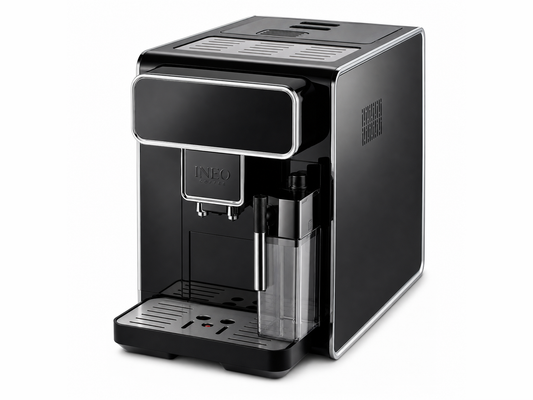 INEO Prestige, machine à café automatique noire à écran tactile avec réservoir à lait transparent, vue de trois quarts sur fond blanc