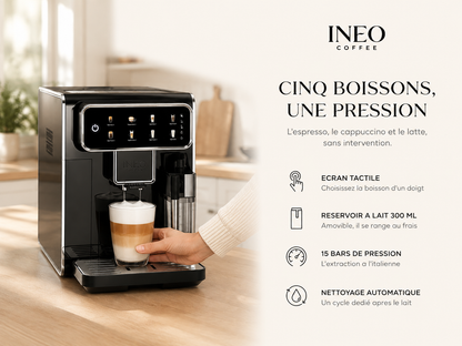 INEO Prestige en cuisine : écran tactile, réservoir à lait 300 ml, 15 bars de pression, nettoyage automatique
