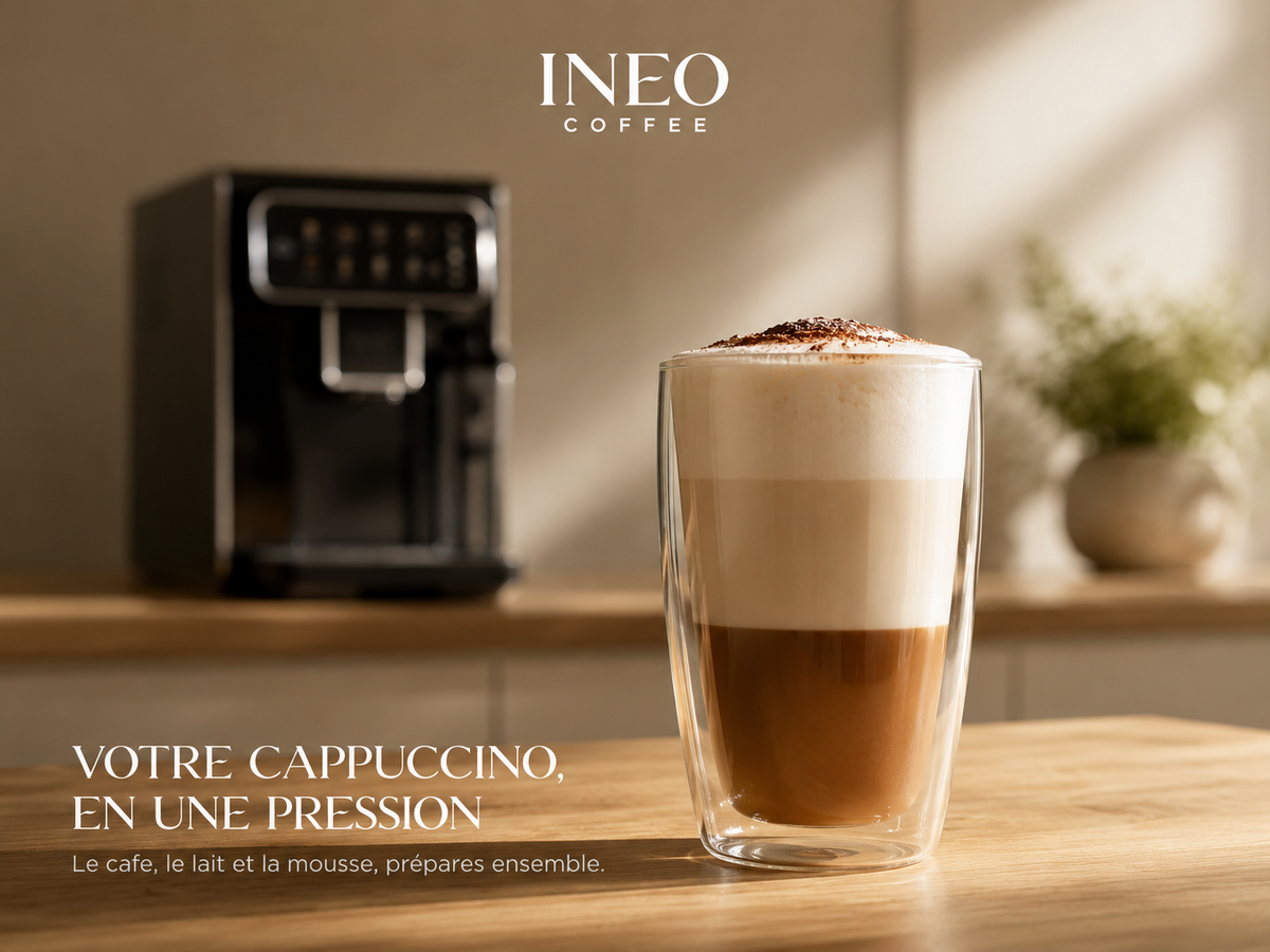 Cappuccino préparé par l'INEO Prestige, servi dans un verre sur un plan de travail en chêne