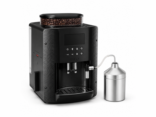 INEO Velouté, machine à café à grains noire texturée avec pot à lait en acier inoxydable, vue de trois quarts sur fond blanc