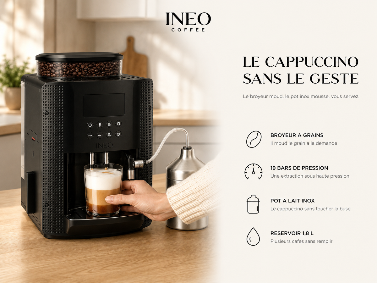 INEO Velouté en cuisine : broyeur à grains, 19 bars, pot à lait inox, réservoir 1,8 L