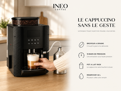 INEO Velouté en cuisine : broyeur à grains, 19 bars, pot à lait inox, réservoir 1,8 L