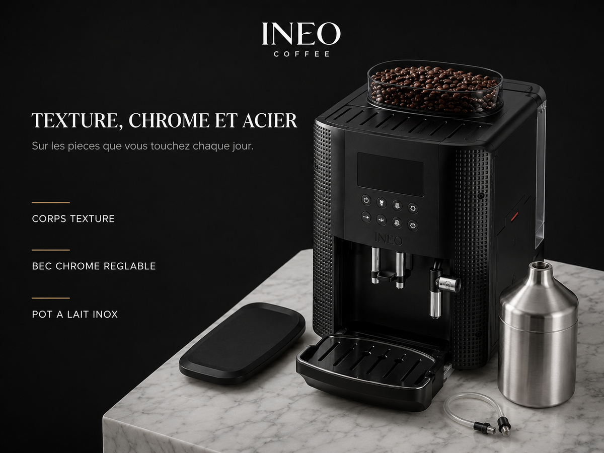 Détail des matières de l'INEO Velouté : corps texturé, bec chromé réglable, pot à lait inox