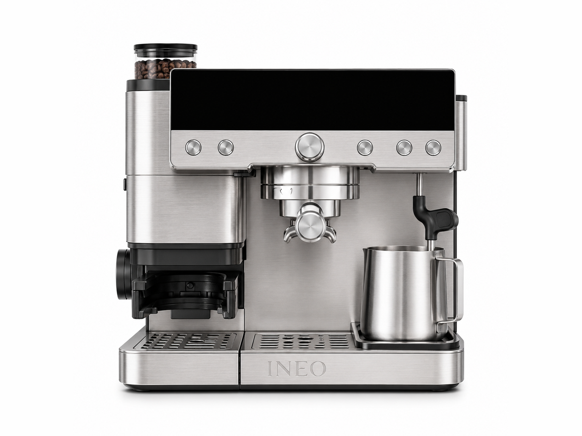 INEO Atelier, grande machine à espresso en acier inoxydable avec broyeur intégré et pichet à lait, vue de face sur fond blanc
