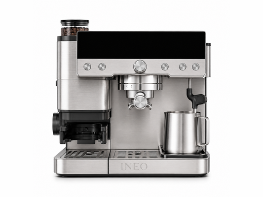 INEO Atelier, grande machine à espresso en acier inoxydable avec broyeur intégré et pichet à lait, vue de face sur fond blanc