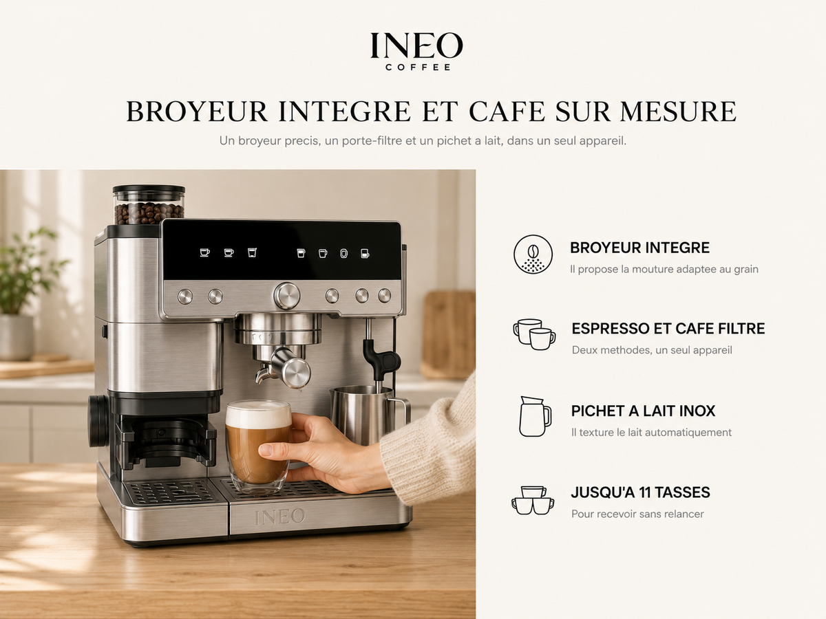 INEO Atelier en cuisine : broyeur intégré, espresso et café filtre, pichet à lait inox, jusqu'à 11 tasses