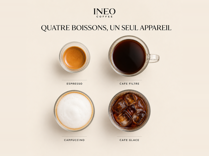 Espresso, café filtre, cappuccino et café glacé préparés avec l'INEO Atelier, vus de dessus