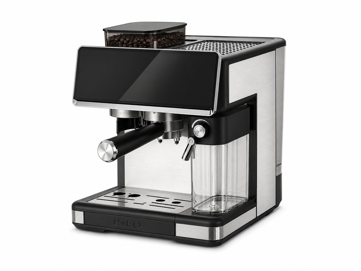 INEO Quatuor, machine à espresso 4-en-1 en acier et noir avec broyeur intégré et pot à lait, vue de trois quarts sur fond blanc