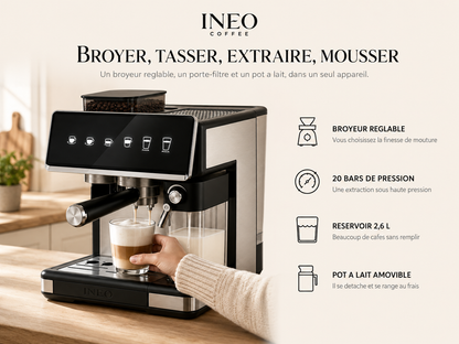 INEO Quatuor en cuisine : broyeur réglable, 20 bars, réservoir 2,6 L, pot à lait amovible