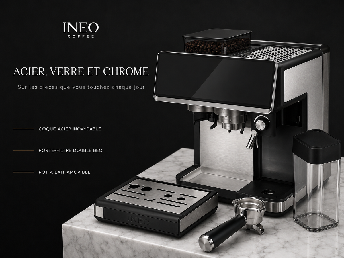 Détail des matières de l'INEO Quatuor : coque acier inoxydable, porte-filtre double bec, pot à lait amovible
