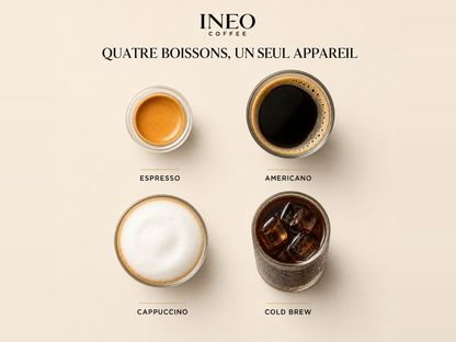Espresso, americano, cappuccino et cold brew préparés avec l'INEO Colonne, vus de dessus