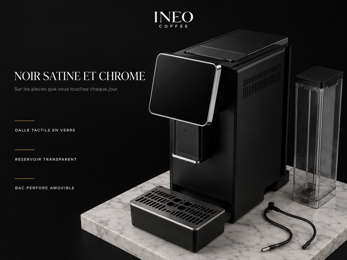 Détail des matières de l'INEO Colonne : dalle tactile en verre, réservoir transparent, bac perforé amovible
