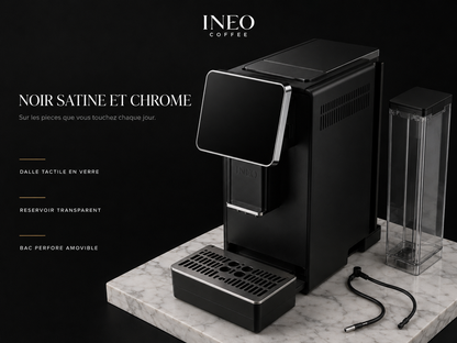 Détail des matières de l'INEO Colonne : dalle tactile en verre, réservoir transparent, bac perforé amovible