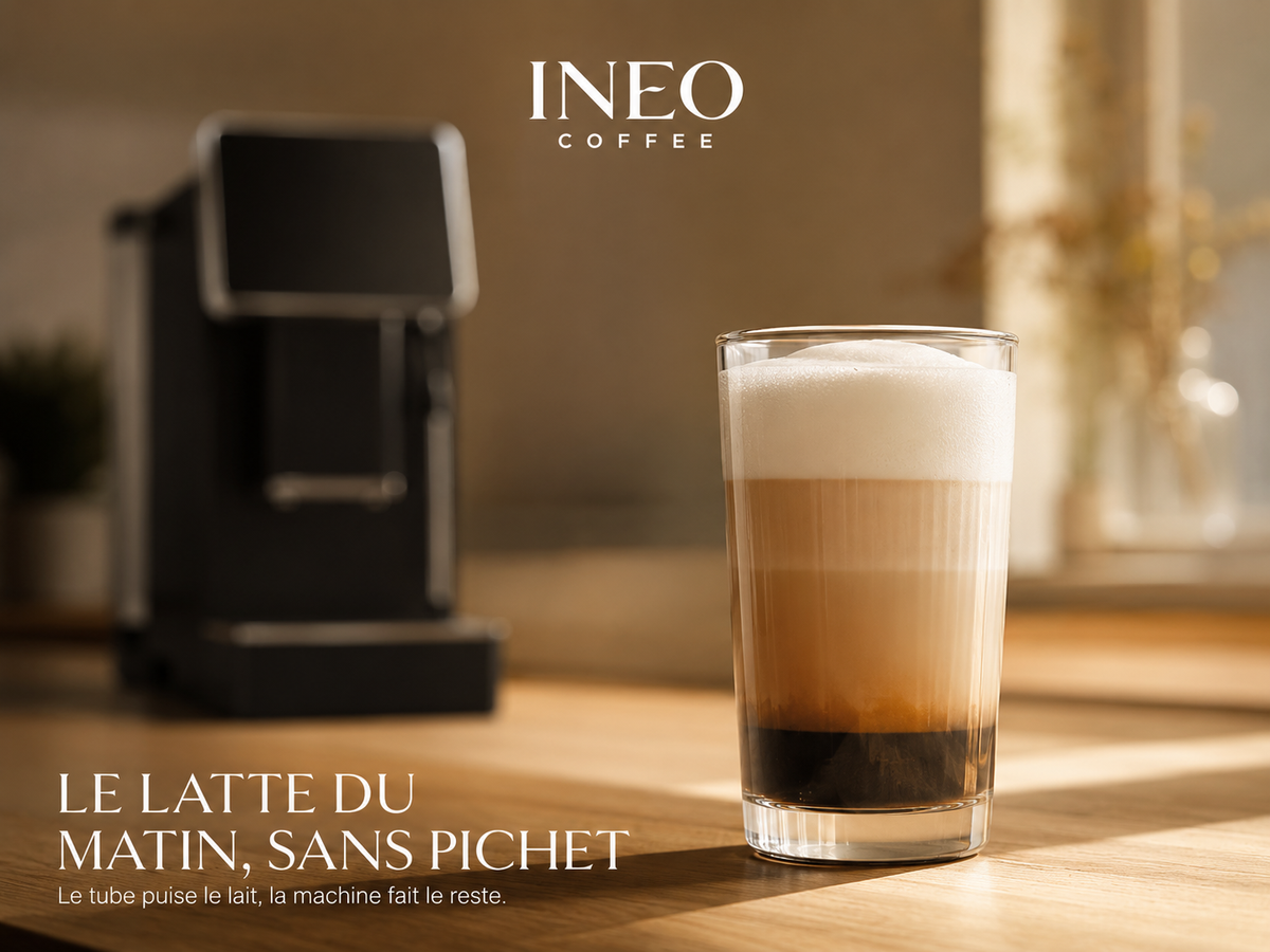 Latte préparé par l'INEO Colonne, servi dans un verre sur un plan de travail en chêne