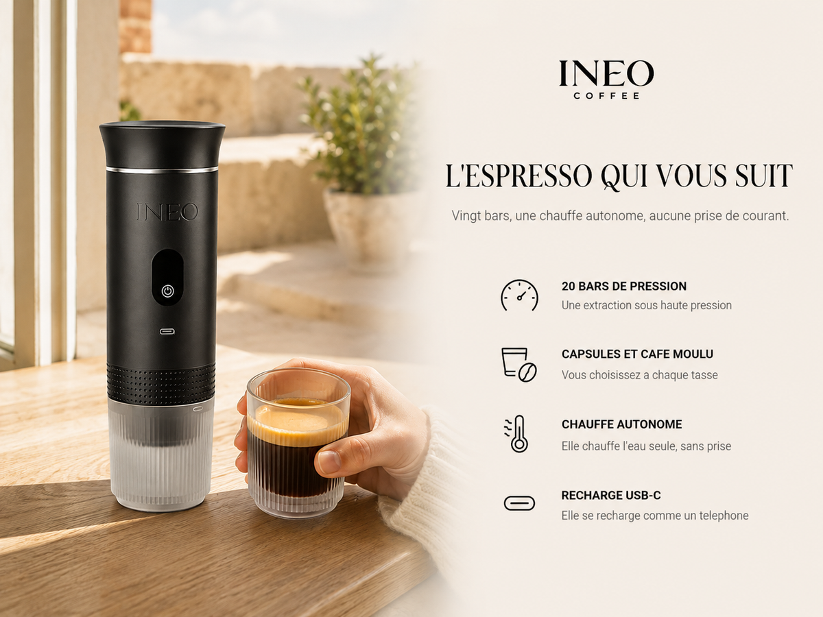 INEO Nomade en usage : 20 bars, capsules et café moulu, chauffe autonome, recharge USB-C
