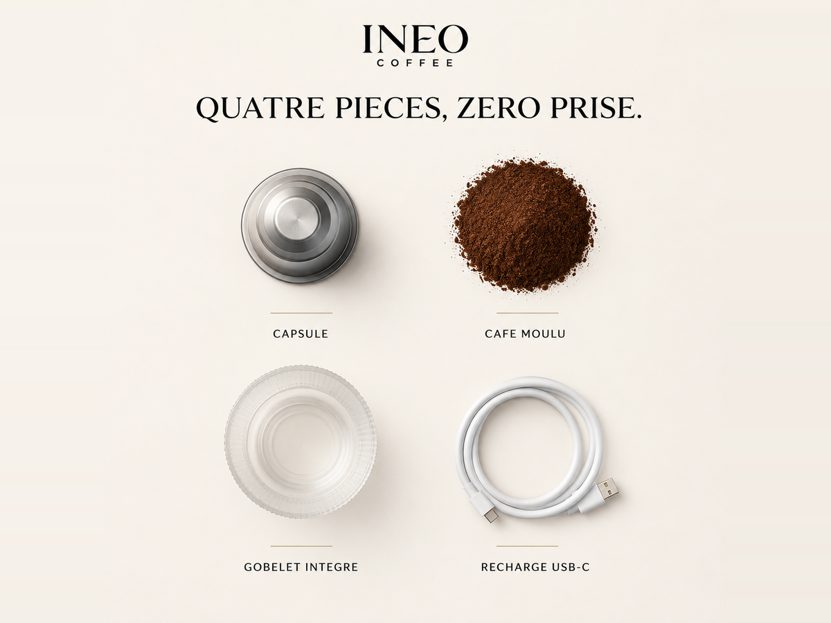 Les quatre éléments de l'INEO Nomade vus de dessus : capsule, café moulu, gobelet intégré, câble USB-C