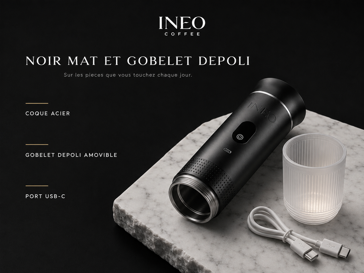 Détail des matières de l'INEO Nomade : coque acier noir mat, gobelet dépoli amovible, port USB-C