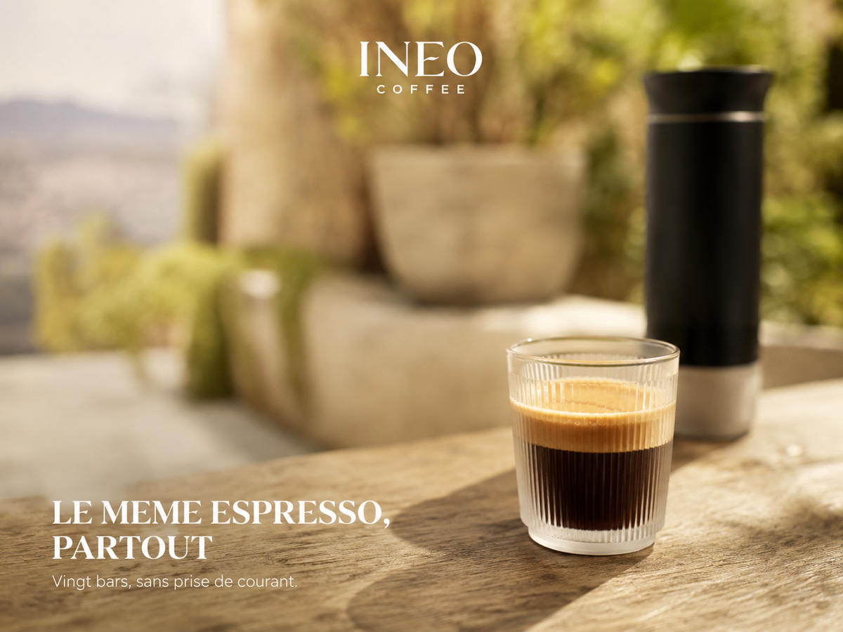 Espresso préparé avec l'INEO Nomade, servi dans son gobelet dépoli sur une table en chêne