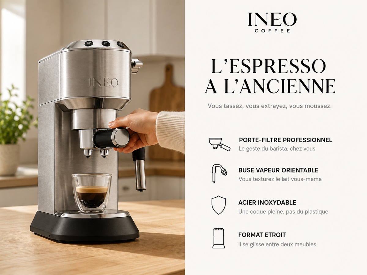 INEO Silhouette en cuisine : porte-filtre professionnel, buse vapeur orientable, acier inoxydable, format étroit