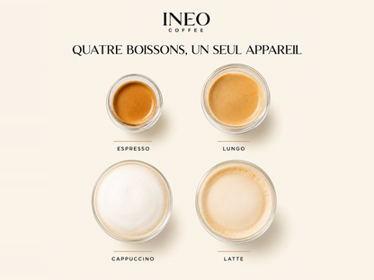 Espresso, lungo, cappuccino et latte préparés avec l'INEO Silhouette, vus de dessus