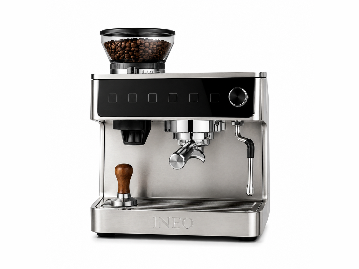 INEO Barista, machine à espresso semi-automatique en acier inoxydable avec broyeur conique et tasseur en bois, vue de face sur fond blanc
