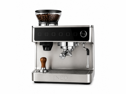 INEO Barista, machine à espresso semi-automatique en acier inoxydable avec broyeur conique et tasseur en bois, vue de face sur fond blanc