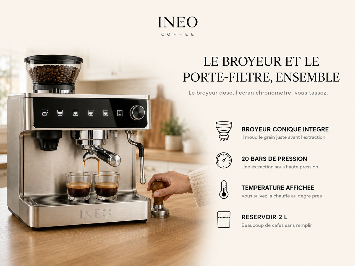 INEO Barista en cuisine : broyeur conique intégré, 20 bars, température affichée, réservoir 2 L