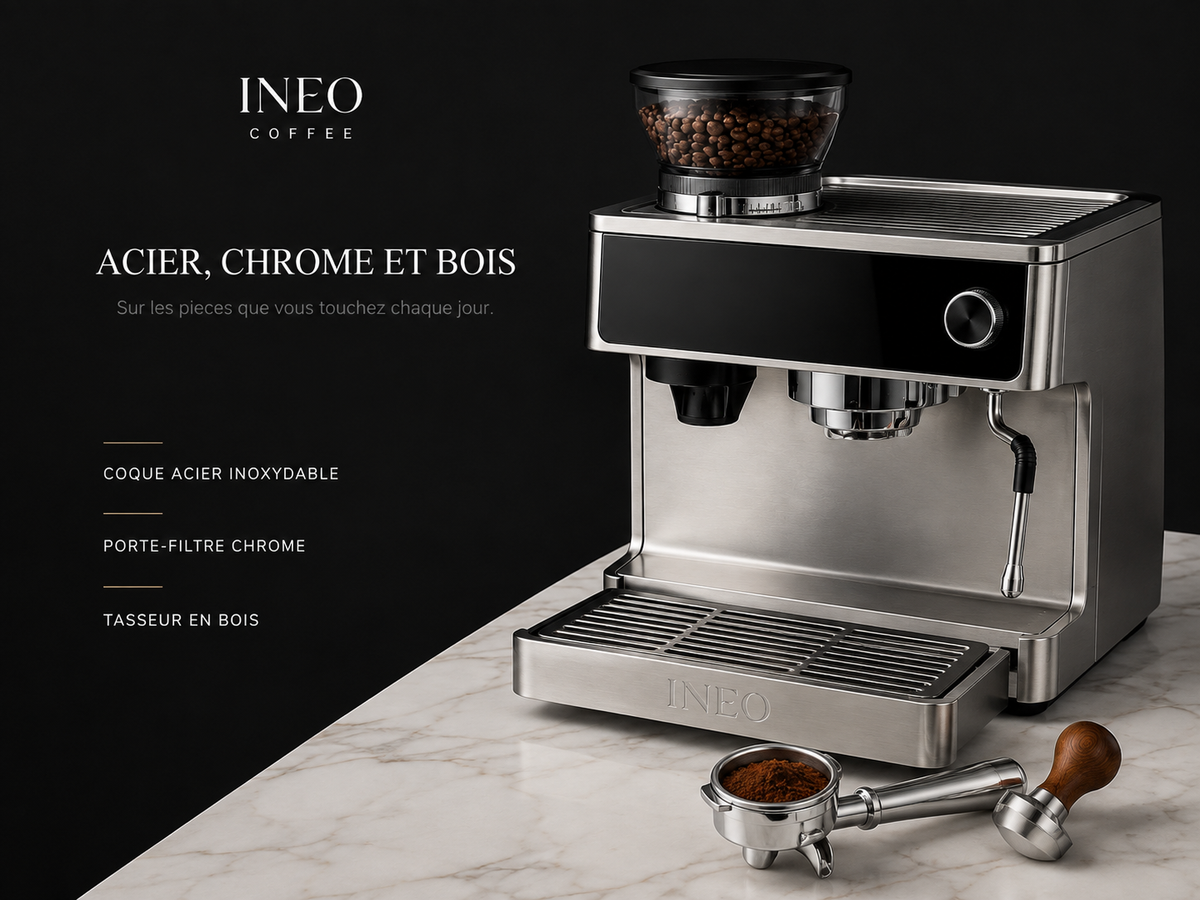 Détail des matières de l'INEO Barista : coque acier inoxydable, porte-filtre chromé, tasseur à manche en bois