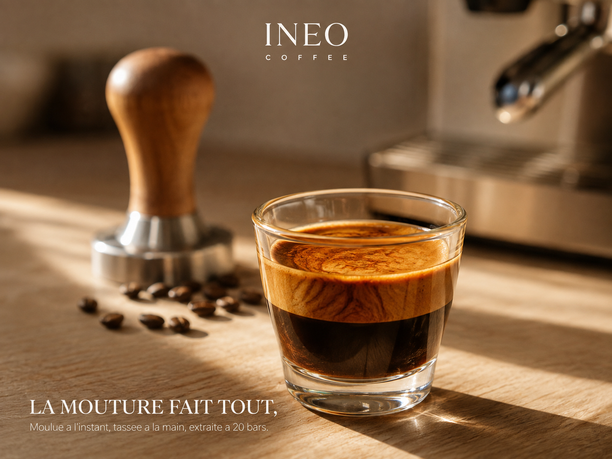 Double espresso à la crema tigrée préparé avec l'INEO Barista, sur un plan de travail en chêne