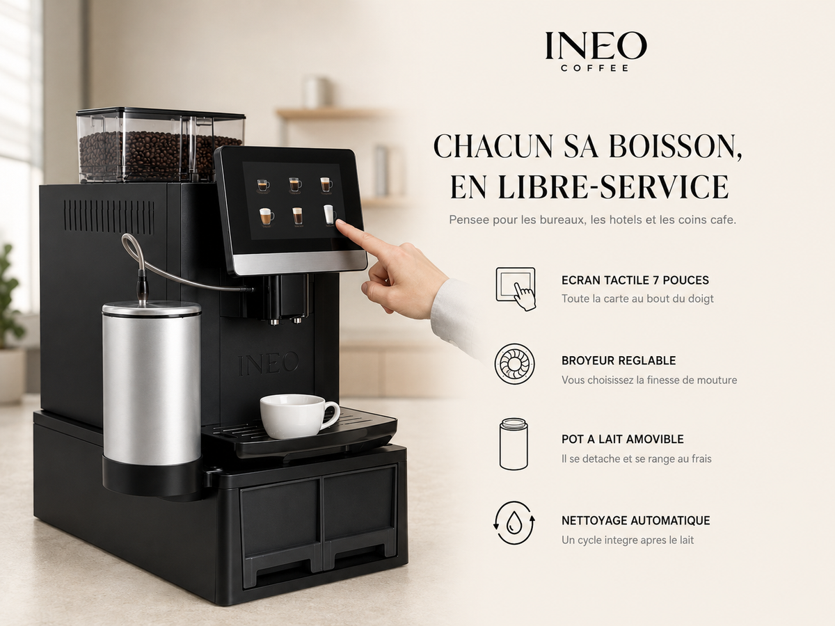 INEO Bureau dans un coin café d'entreprise : écran tactile 7 pouces, broyeur réglable, pot à lait amovible, nettoyage automatique