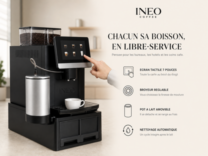 INEO Bureau dans un coin café d'entreprise : écran tactile 7 pouces, broyeur réglable, pot à lait amovible, nettoyage automatique